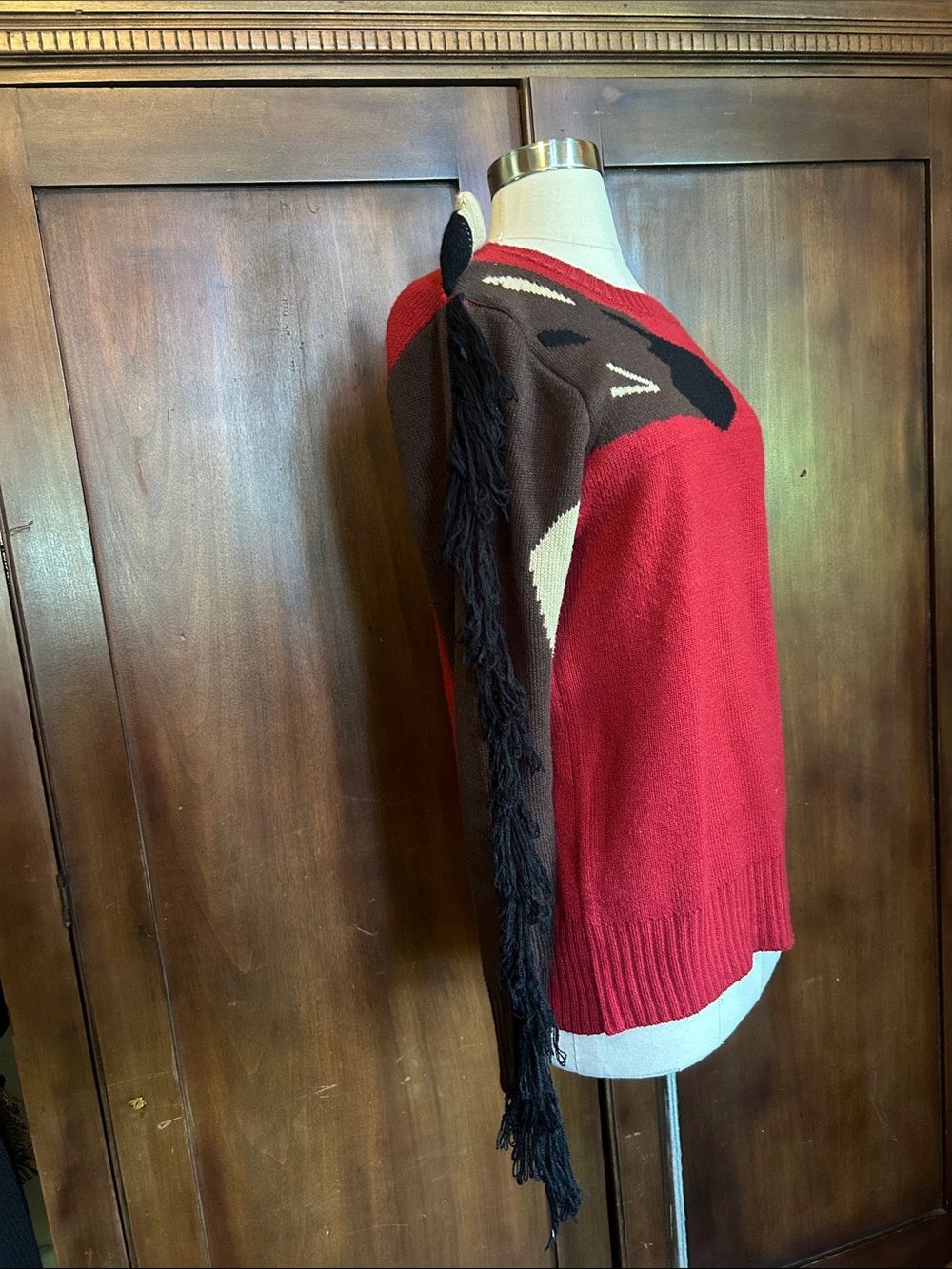 Rare Red Y2K Novelty Fringe Horse Sleeve Nuzzle Sweater M - Picture 3 of 9